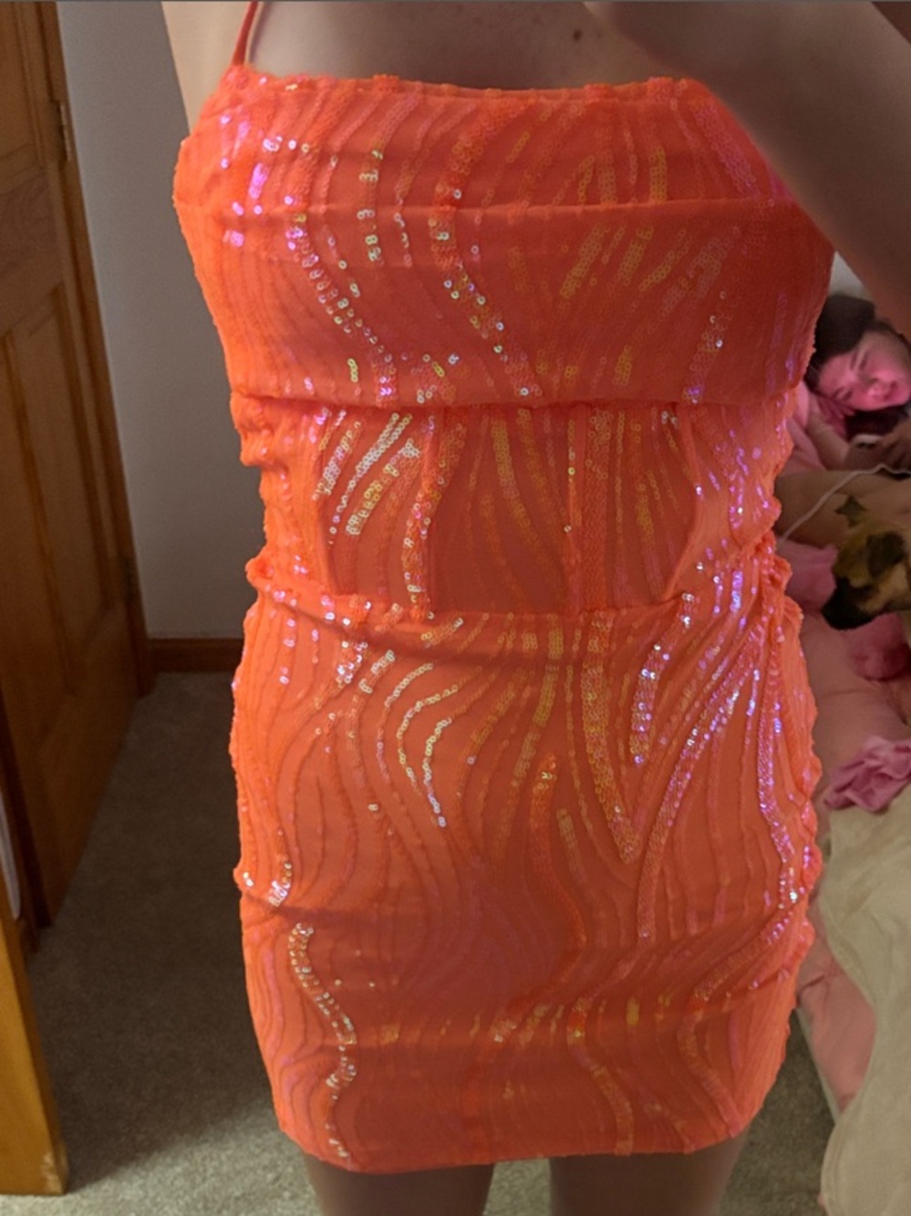 Neon Orange Sequin Mini Dress with Spaghetti Straps